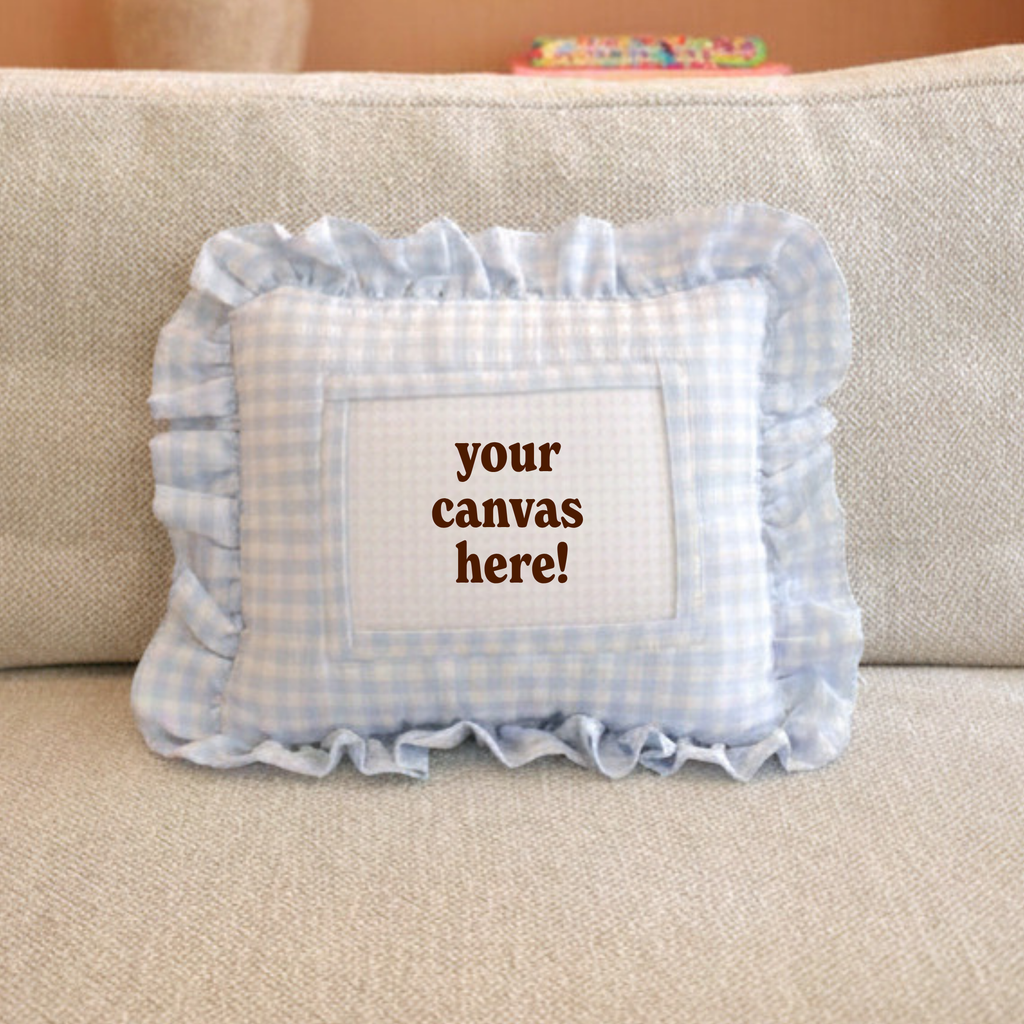 Self Finishing Needlepoint Ruffle Pillow - Blue Gingham