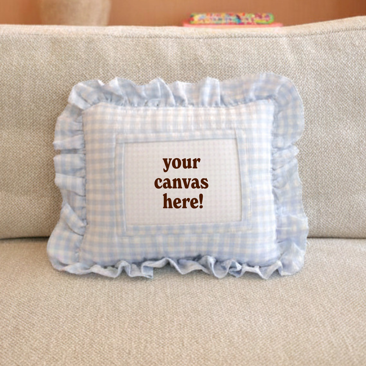 Self Finishing Needlepoint Ruffle Pillow - Blue Gingham