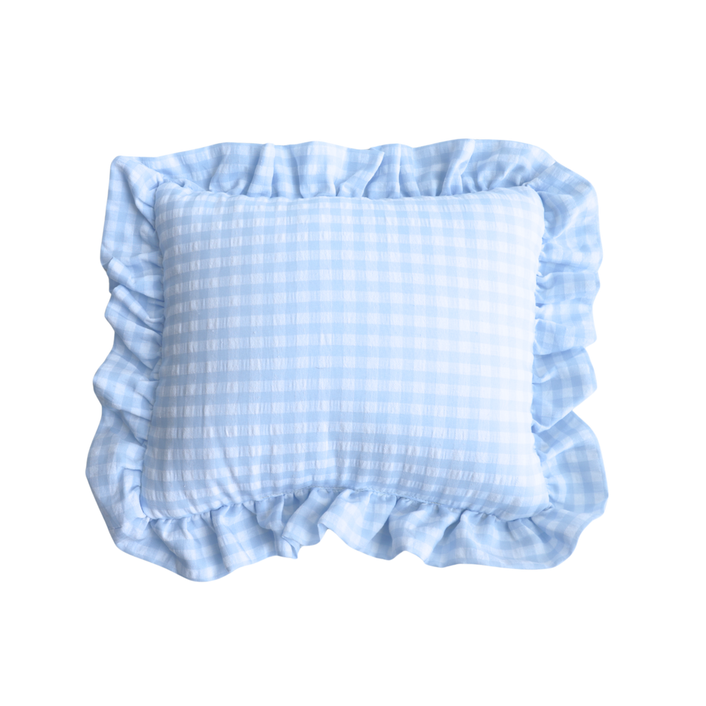 Self Finishing Needlepoint Ruffle Pillow - Blue Gingham